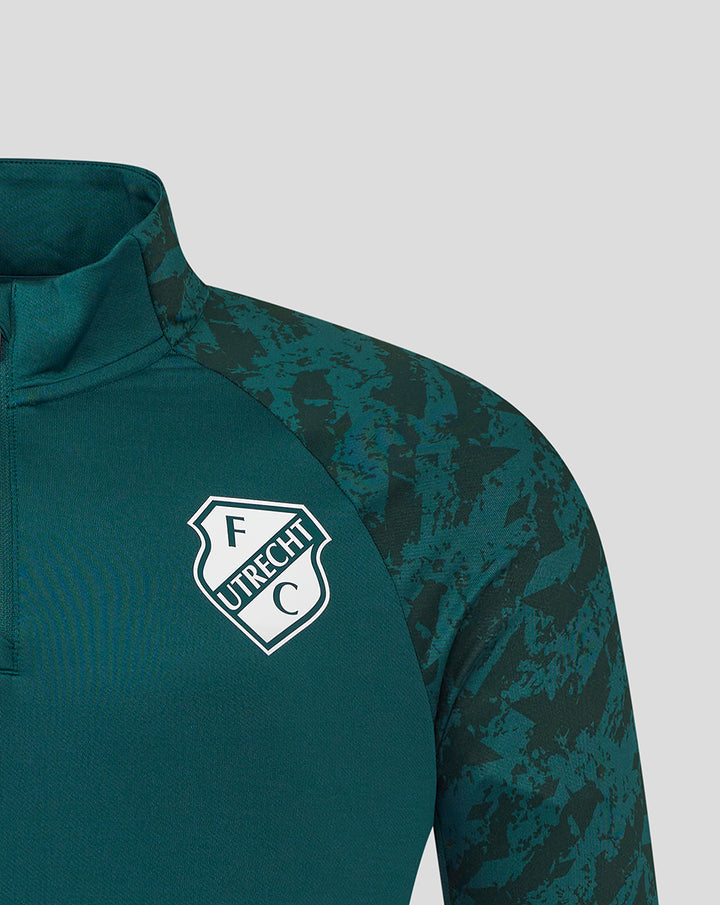Close up of chest area with FC Utrecht crest on a green training top and a stand up collar
