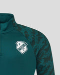 Close up of chest area with FC Utrecht crest on a green training top and a stand up collar