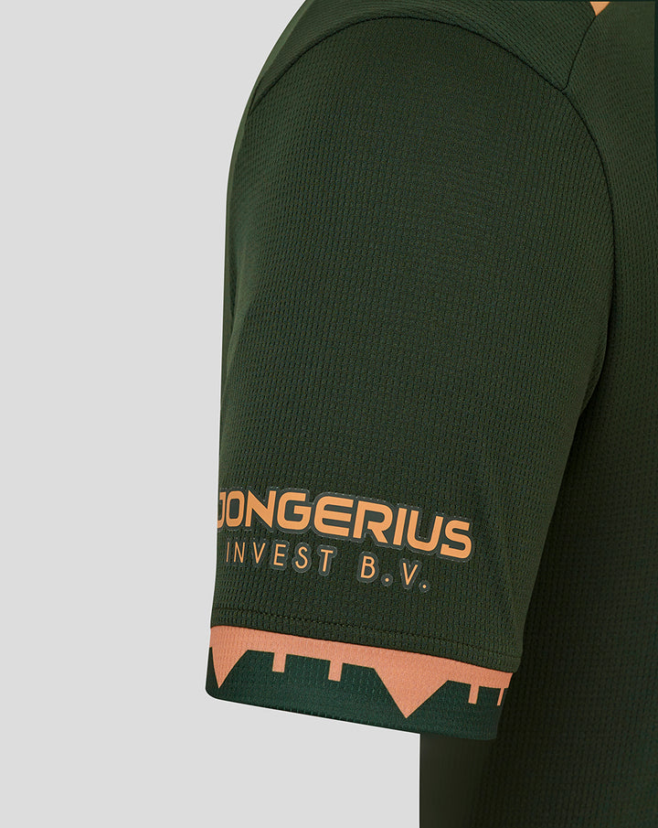 Close-up of dark green FC Utrecht Uitshirt 25/26 men sleeve with peach cuff trim and LONGERIUS INVEST B.V branding