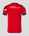 Back view of red FC Utrecht Vierde shirt with Dubai-Property.nl sponsor and small flags at the neckline