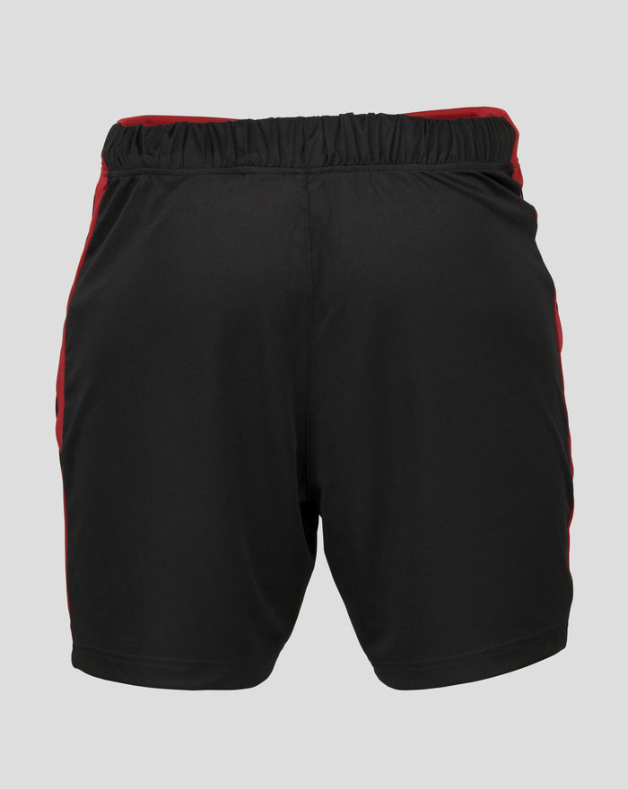 Detail van FC Utrecht trainingsshorts heren met platte voorkant en elastische tailleband met rode zijpanelen