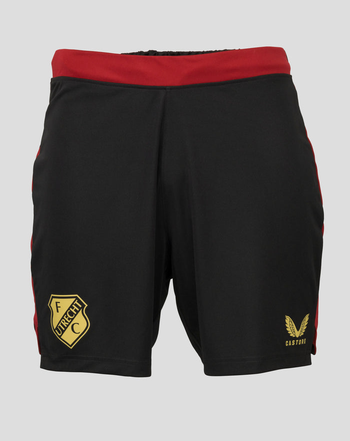 Rear view of FC Utrecht training shorts for men with black fabric red waistband and crest badge on left leg