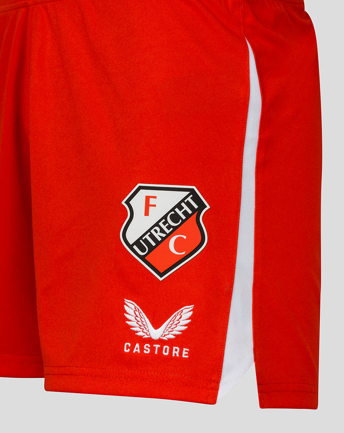 Red FC Utrecht men's home shorts with white side panel, featuring the club crest and Castore logo