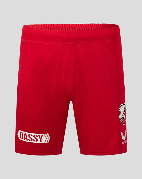 Red FC Utrecht men's home shorts with elastic waistband and contrasting side panels, crest on front