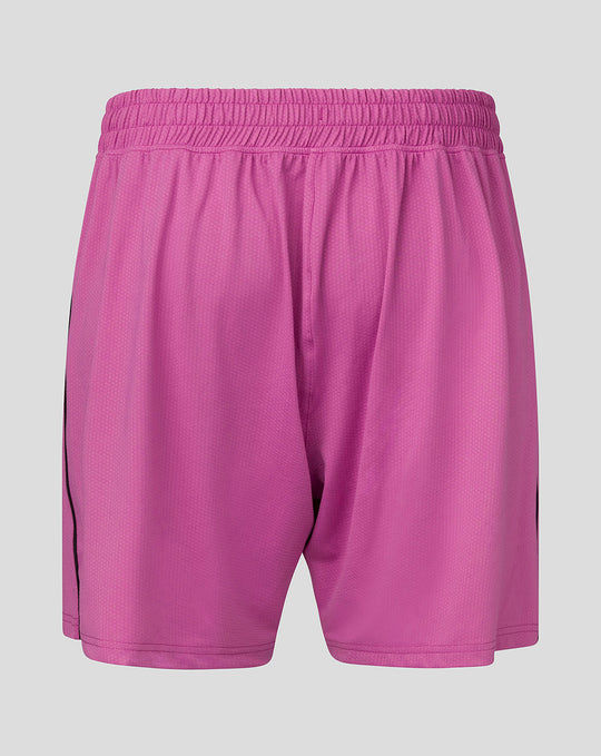 Back view of bright pink FC Utrecht keeper shorts with elastic waistband and black side piping