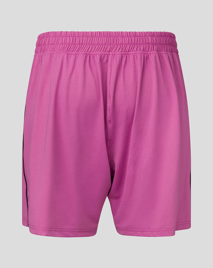 Back view of bright pink FC Utrecht keeper shorts with elastic waistband and black side piping
