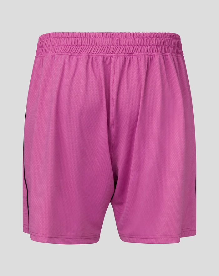 Back view of bright pink FC Utrecht keeper shorts with elastic waistband and black side piping