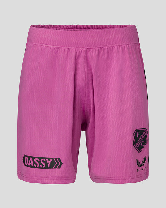 Pink keeper shorts for men with FC Utrecht crest on the front right thigh and DASSY branding on the left leg.