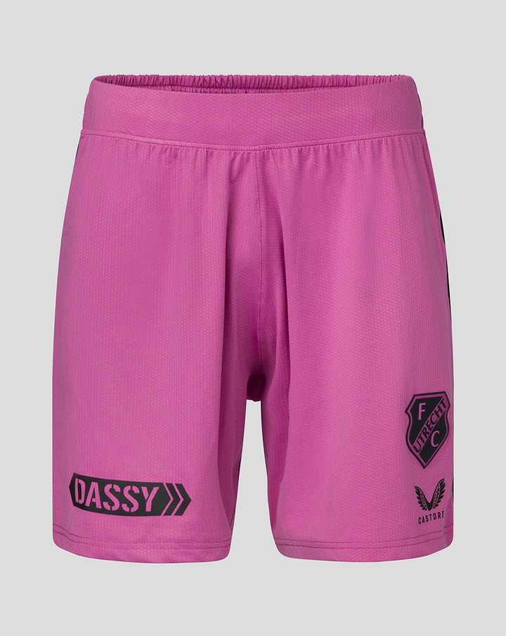 Pink keeper shorts for men with FC Utrecht crest on the front right thigh and DASSY branding on the left leg.