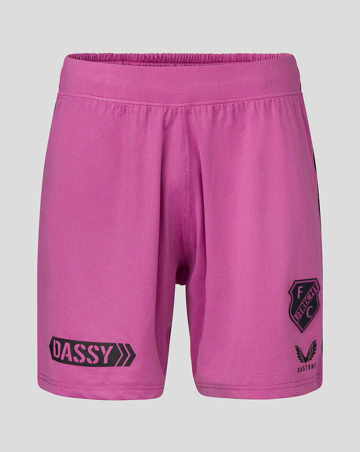 Pink keeper shorts for men with FC Utrecht crest on the front right thigh and DASSY branding on the left leg.