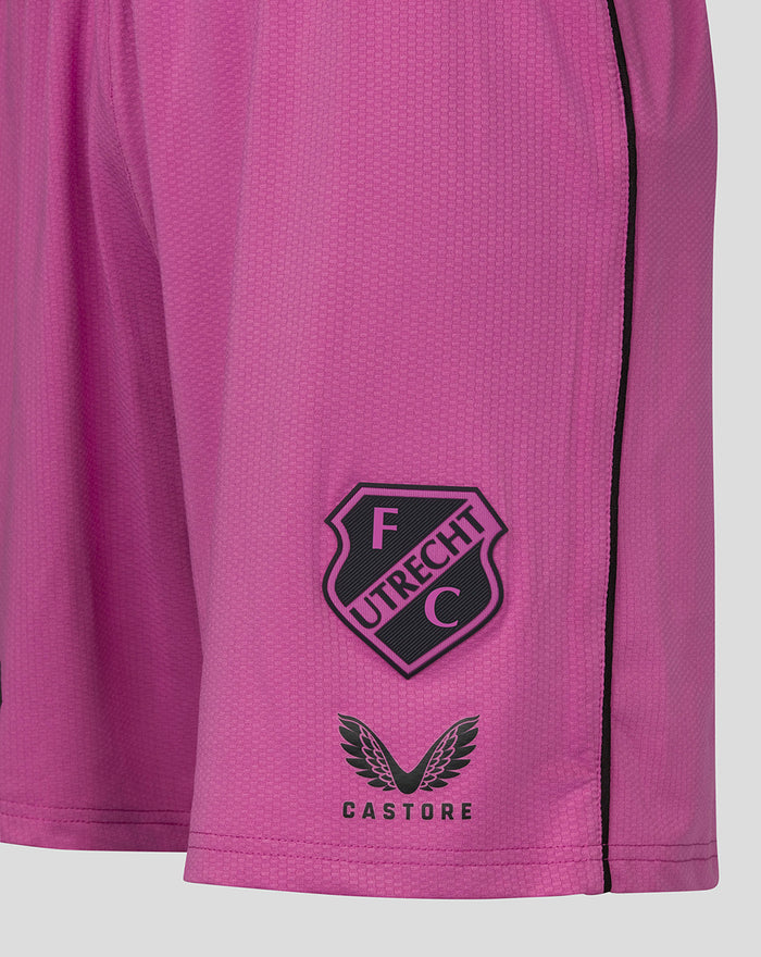 Pink FC Utrecht keeper shorts for men side view showing club crest and Castore logo