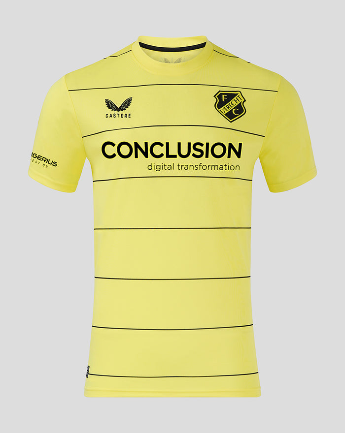 Bright yellow FC Utrecht keeper jersey with black horizontal stripes and club crest on the chest.