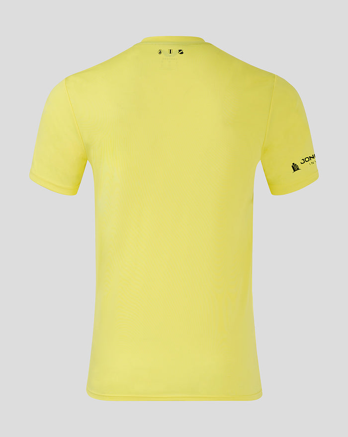 Back view of bright yellow FC Utrecht keeper shirt with a round neck and small neck icons