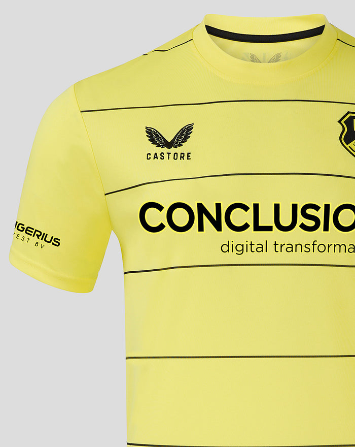Front close up of the yellow FC Utrecht keeper shirt with large CONCLUSION sponsor and Castore logo on chest