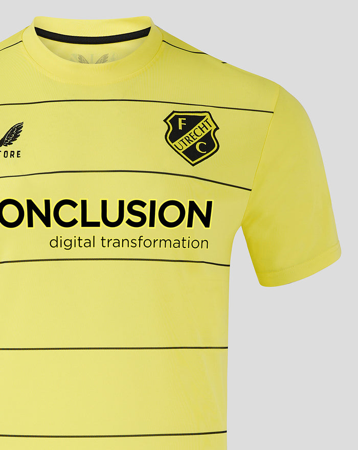 Front view of neon yellow FC Utrecht keeper shirt showing crest on chest and CONCLUSION sponsor across the front