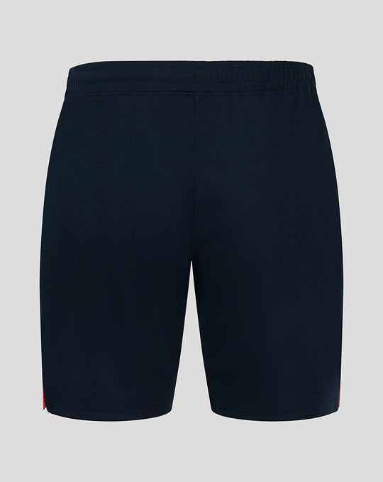 Back view of navy FC Utrecht men's shorts with crest on the right leg and elastic waistband