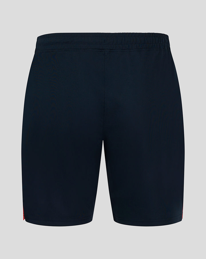 Back view of navy FC Utrecht men's shorts with crest on the right leg and elastic waistband