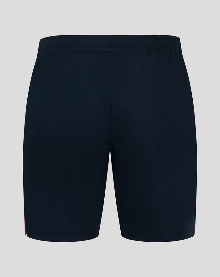 Back view of navy FC Utrecht men's shorts with crest on the right leg and elastic waistband