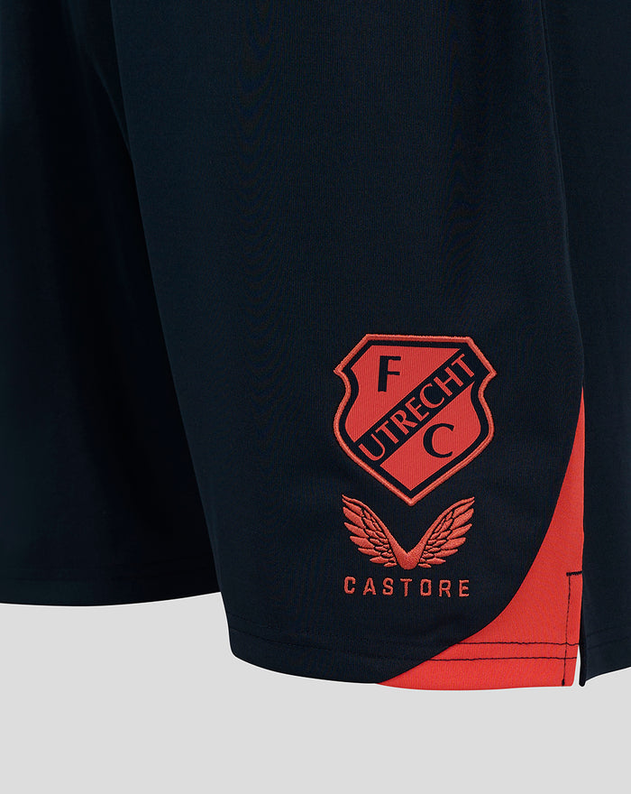 Close-up of navy 24/25 FC Utrecht Uitshort for men with red crest and red side panel.