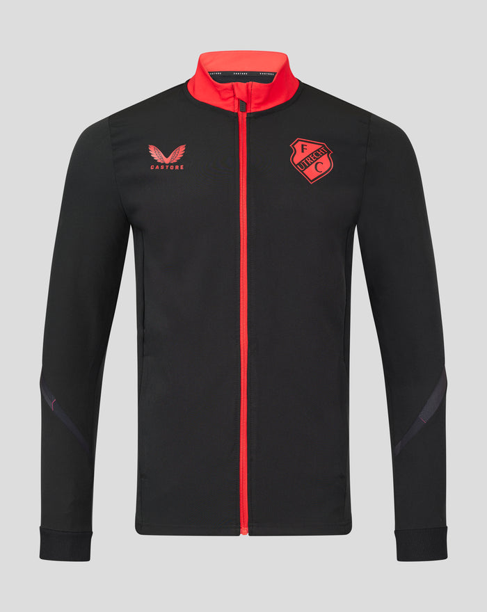 Front view of black FC Utrecht Matchday Anthem Jacket with red funnel neck and full length red zipper; left chest Castore logo and right chest Utrecht crest