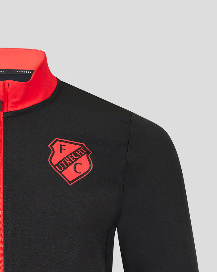 Close up of FC Utrecht Matchday Anthem jacket showing red collar and club crest on the left chest