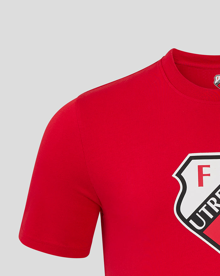 Red FC Utrecht Core Logo T shirt close up with large crest on the chest