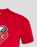 Close up of red FC Utrecht Core Logo T shirt showing shoulder seam and partial crest