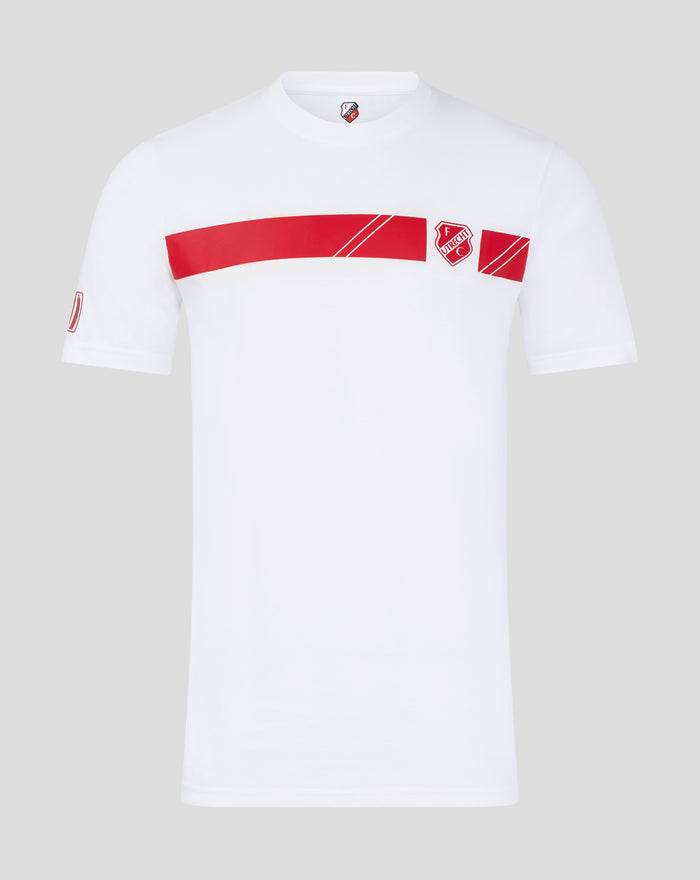 White FC Utrecht men's T shirt featuring a bold red chest stripe and crest logo.