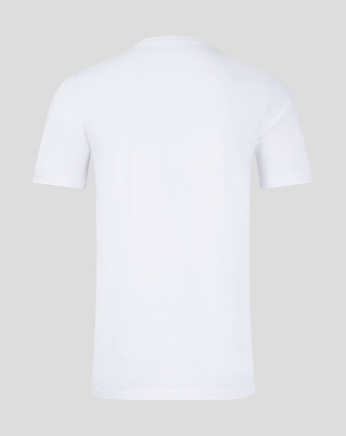 Back view of white FC Utrecht men's T shirt with plain fabric and clean neckline.