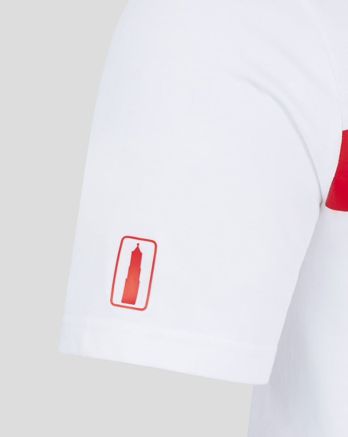 White FC Utrecht Classic Cotton T Shirt for men with a red vertical crest patch on the lower front.