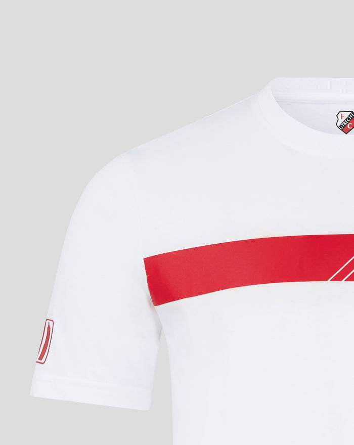White FC Utrecht Classic Cotton T Shirt for men with a bold red chest graphic and crest near the shoulder.