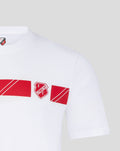 Close up of white FC Utrecht T shirt chest showing crest and red graphic blocks.