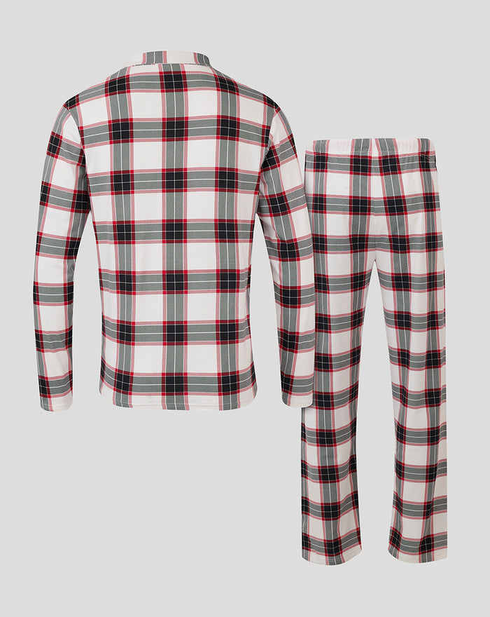Back view of FC Utrecht plaid men's pajama shirt and pants