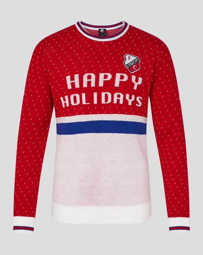FC Utrecht red Christmas sweater for adults with white polka dots crest and HAPPY HOLIDAYS text
