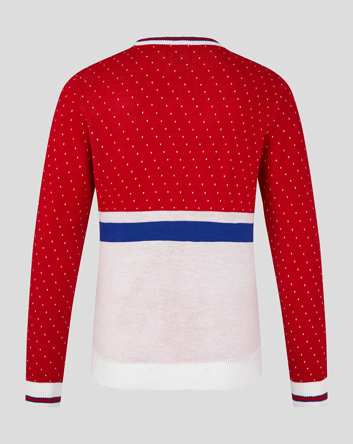 Back view of red FC Utrecht Kersttrui 2024 for adults with dotted knit and blue white waist stripe