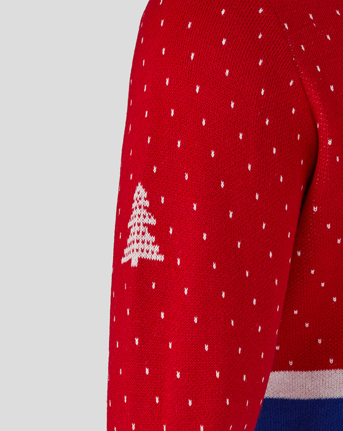 Close up of red knit Christmas sweater featuring a white tree motif on the sleeve and a dotted pattern.