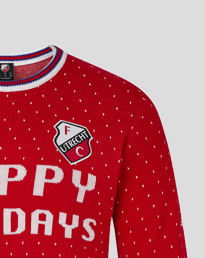 Shoulder close up of red FC Utrecht Christmas sweater with crest and HAPPY HOLIDAYS lettering