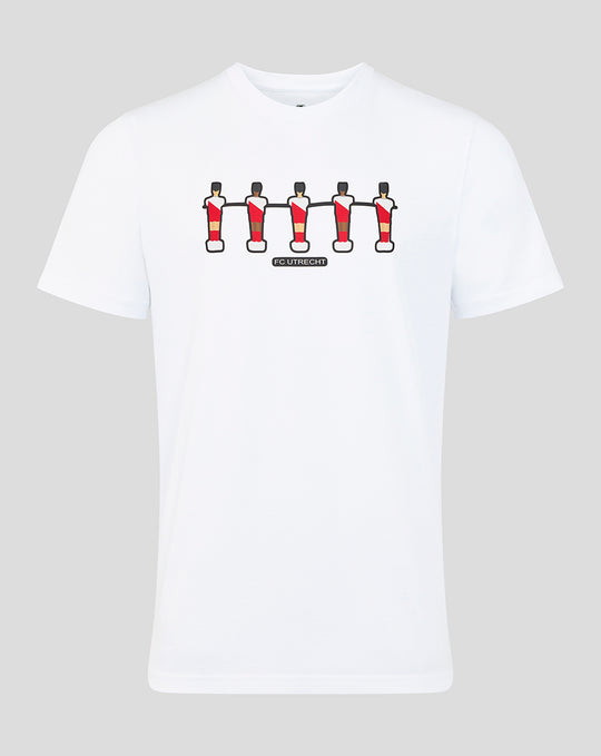 White FC Utrecht T shirt with foosball players graphic across the chest