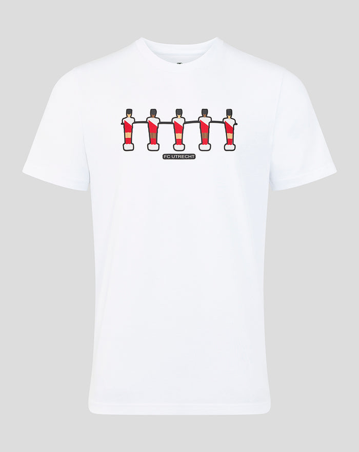 White FC Utrecht T shirt with foosball players graphic across the chest