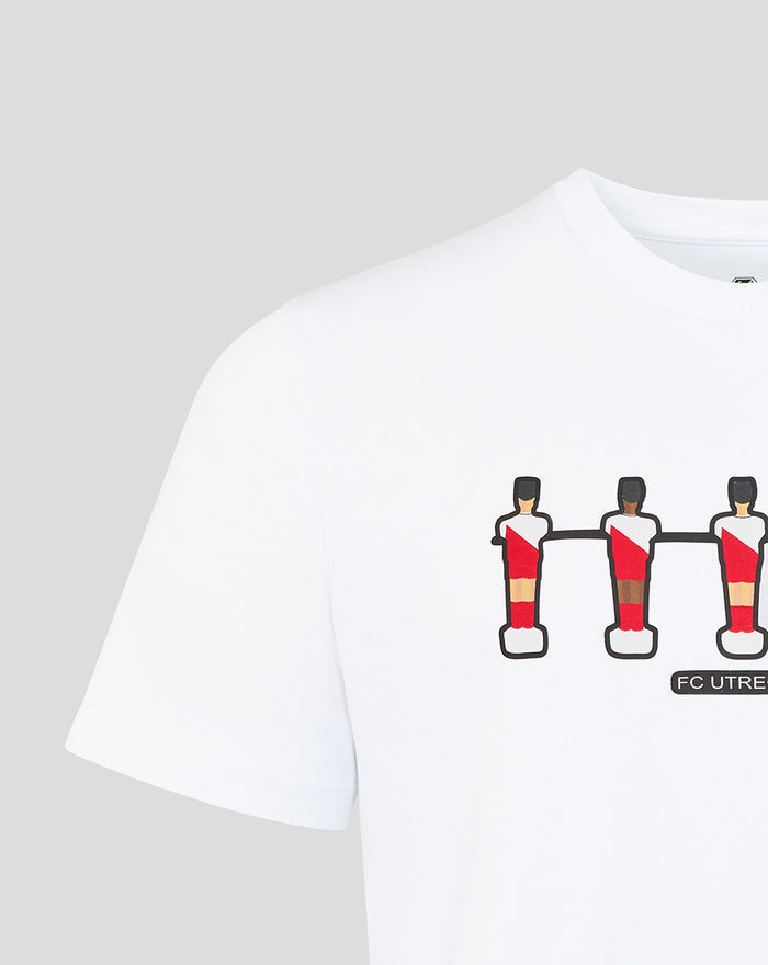 Close up of white FC Utrecht T shirt showing the chest graphic and neckline
