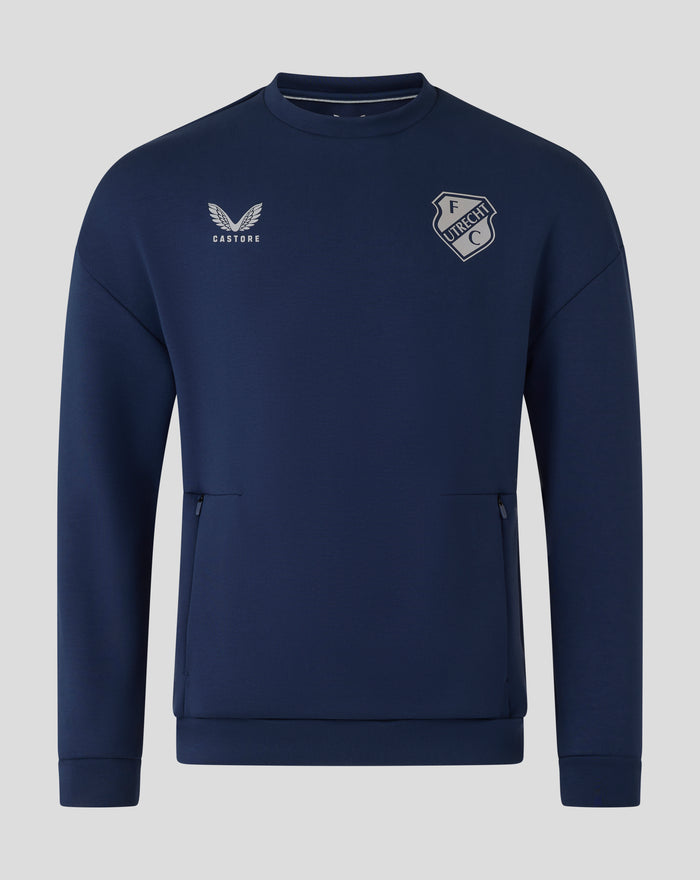 Navy FC Utrecht Travel Sweater front view with Castore logo on the left chest and FC Utrecht crest on the right.