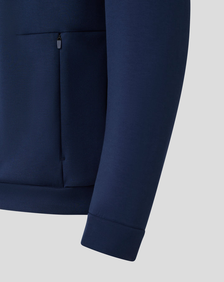 Detail of navy FC Utrecht Travel sweater with vertical zip pocket and seam