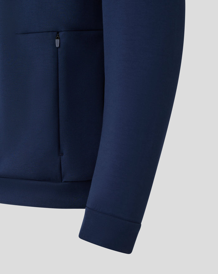 Detail of navy FC Utrecht Travel sweater with vertical zip pocket and seam