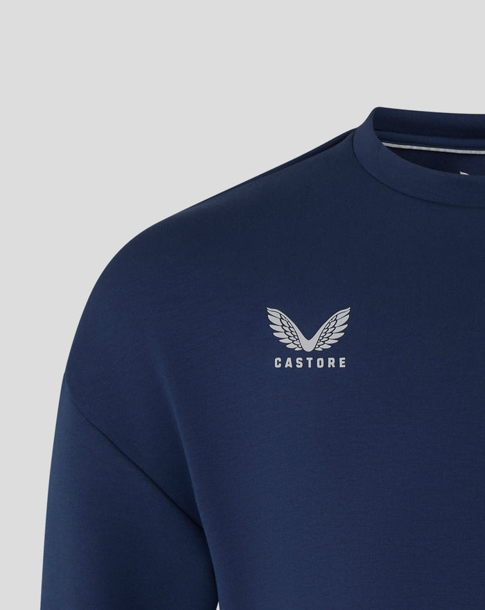 Close up of navy FC Utrecht Travel sweater showing crew neck and white winged Castore logo