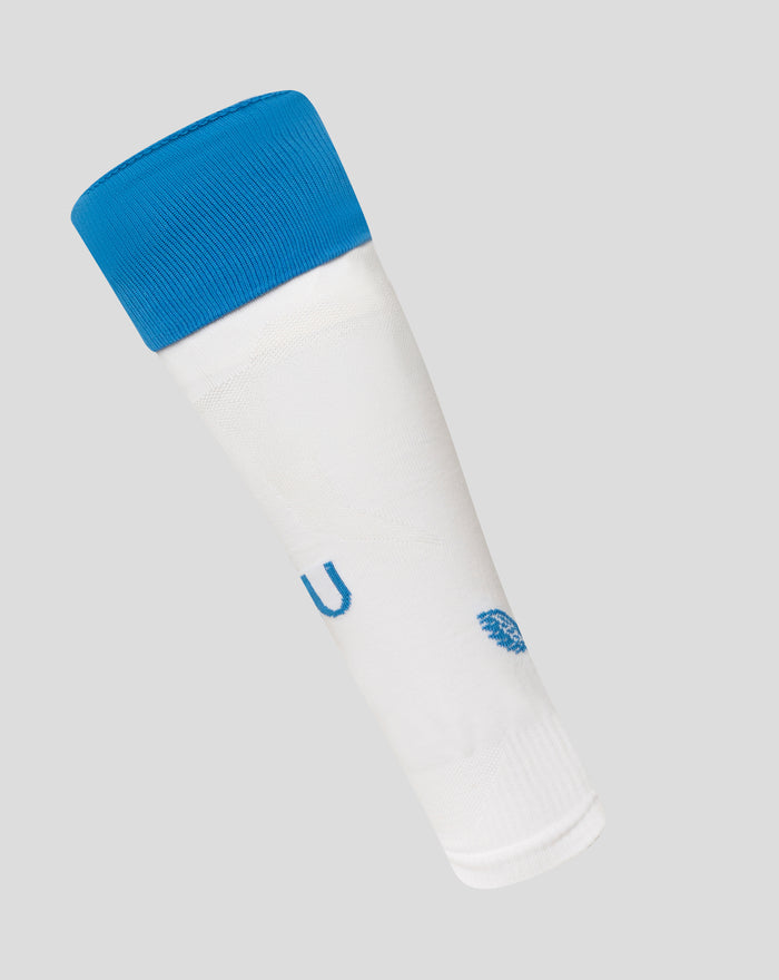 White FC Utrecht third sock with blue cuff and Castore wings logo on the calf
