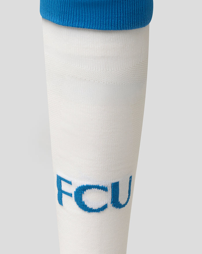 White FC Utrecht footless third sock with blue cuff and FCU initials on the shin