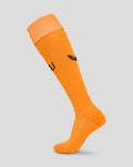 Orange FC Utrecht keeper sock close-up with FCU initials on the calf and a black leaf logo