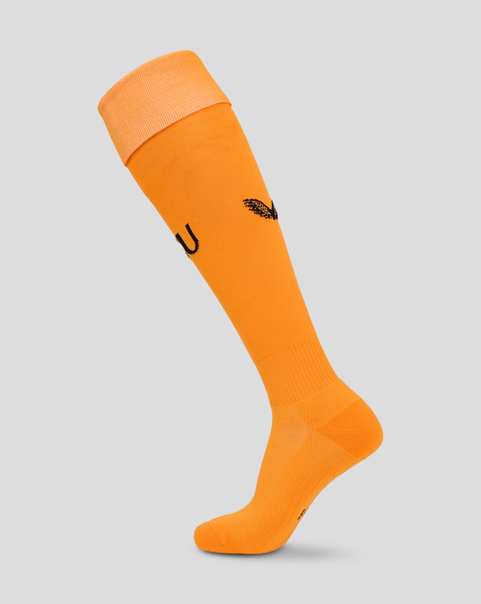 Orange FC Utrecht keeper sock close-up with FCU initials on the calf and a black leaf logo