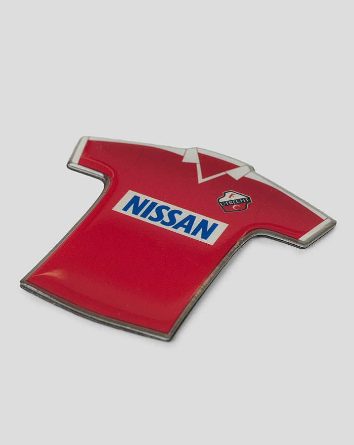 Red retro shirt magnet with Nissan sponsor logo and Utrecht crest