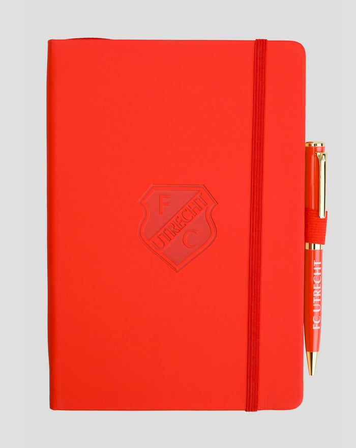 FC Utrecht red A5 notebook with elastic closure and matching pen clipped to the side